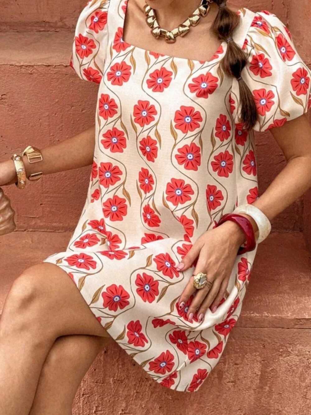 Red Boho Women's Floral Print Square Neck Petal Sleeve Mini Dress